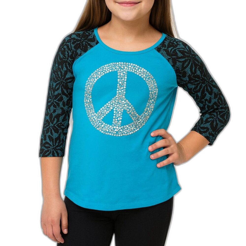 🔥 5 for $30 🔥 Justice Girls Rhinestone Peace Lace 3/4 Sleeve Shirt | Size 12